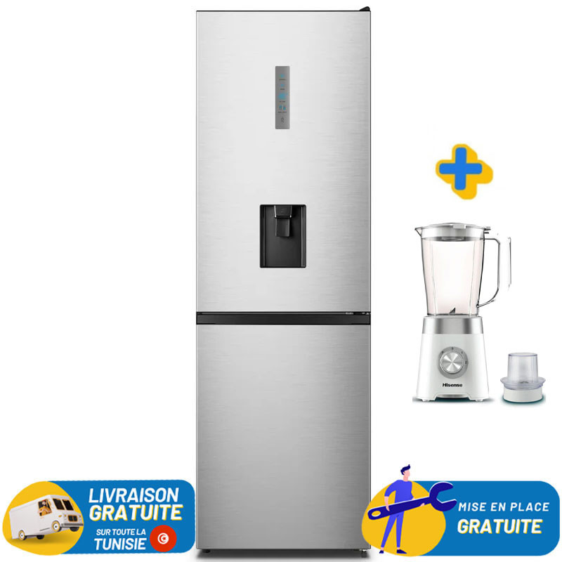 Réfrigérateur HISENSE No Frost Combiné 300 Litres / INOX avec Afficheur et Distributeur d'eau + Blender HISENSE GRATUIT