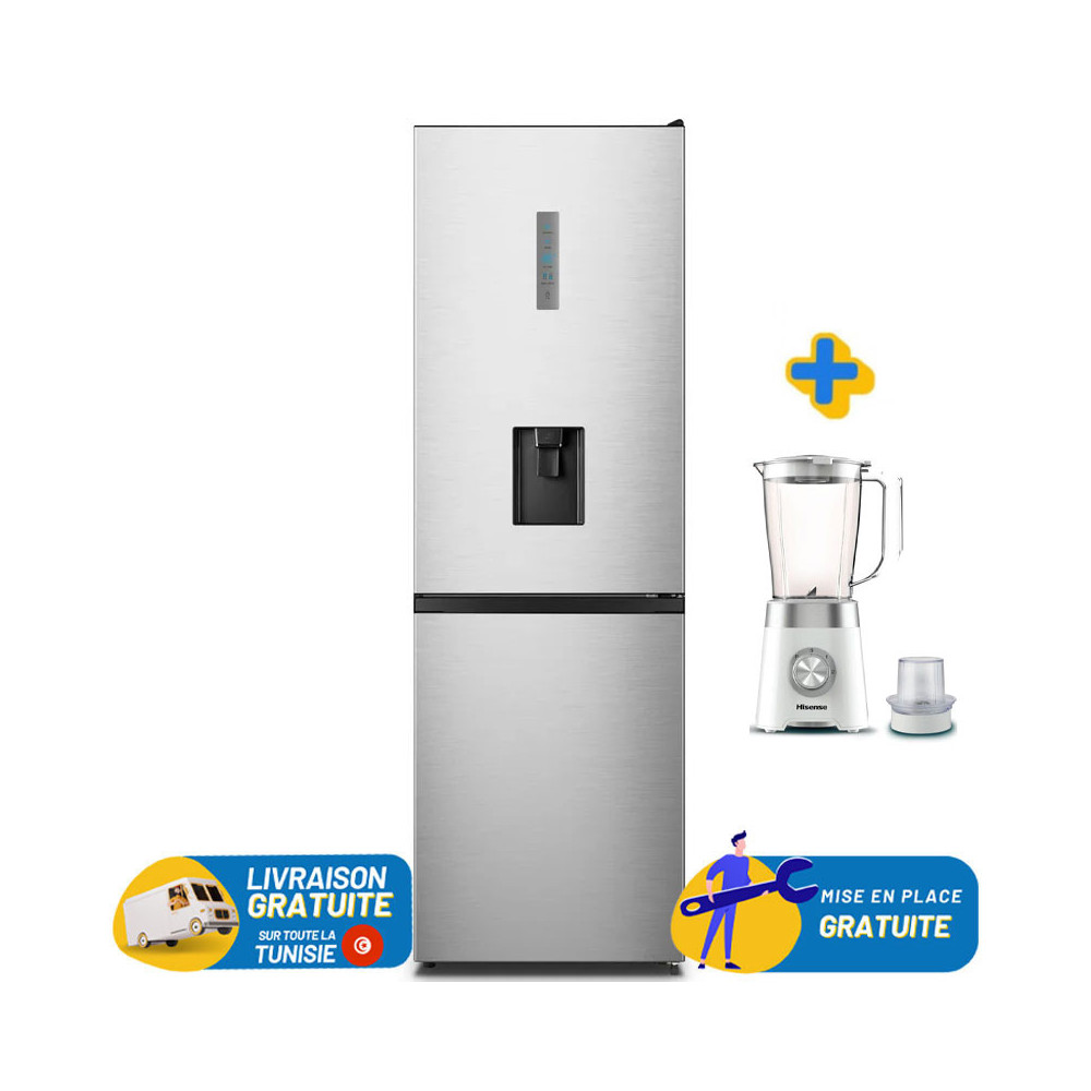 Réfrigérateur HISENSE No Frost Combiné 300 Litres / INOX avec Afficheur et Distributeur d'eau + Blender HISENSE GRATUIT