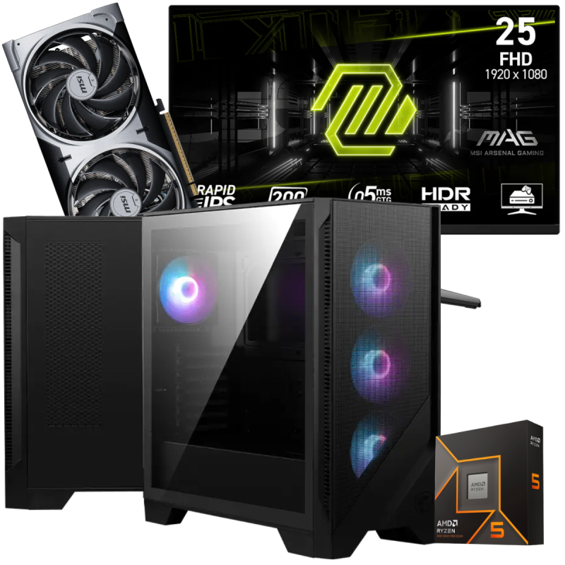 Setup Gamer Special Pc de Bureau Gaming / Ryzen 5 9600X / RTX 5070 12G / 32 Go Avec Écran Gaming MSI MAG 24.5" Full HD IPS / 200 Hz