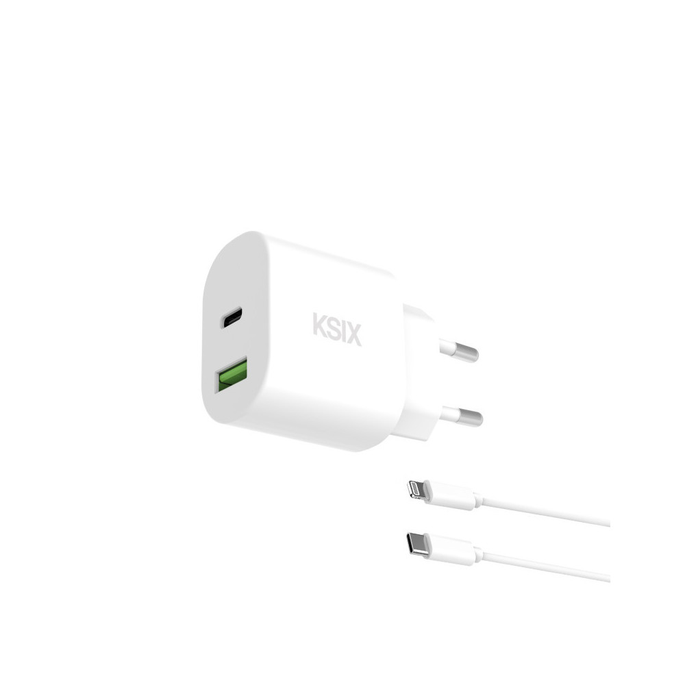 Chargeur mural KSIX 30 W / Power Delivery / Quick Charge / câble USB-C vers Lightning / blanc