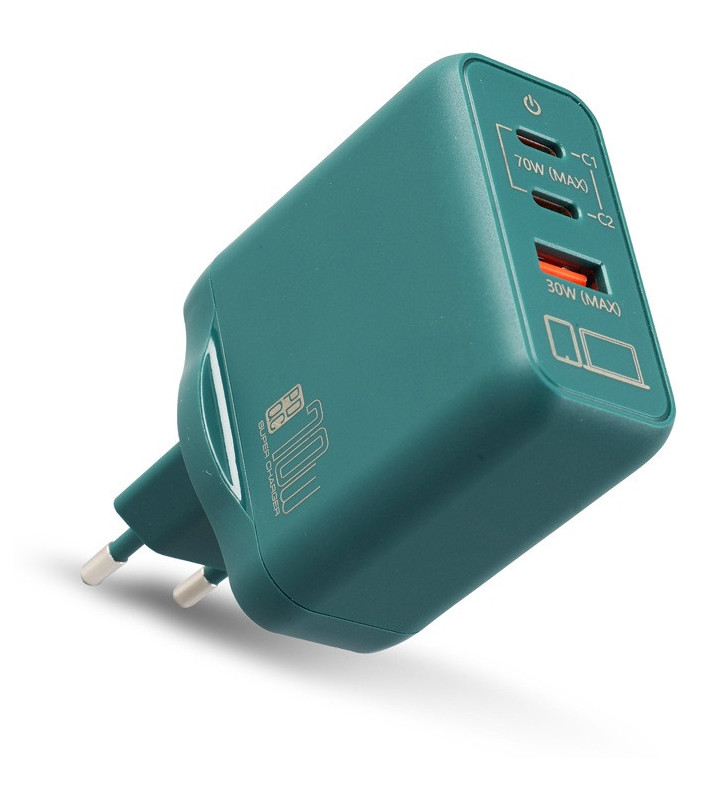 Chargeur rapide Ten Space GAN 70W USB TYPE C + USB-A / Vert