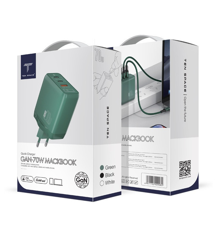 Chargeur rapide Ten Space GAN 70W USB TYPE C + USB-A / Vert