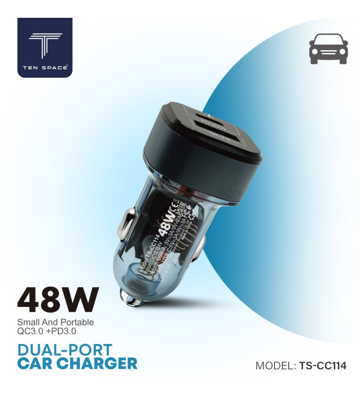 Chargeur Voiture Ten Space 48W Dual Port USB A + TYPE C