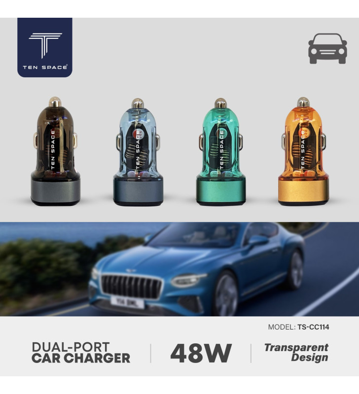 Chargeur Voiture Ten Space 48W Dual Port USB A + TYPE C