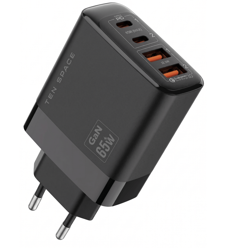 Chargeur Ten Space GAN 65W 2 USB-A + 2 TYPE C / Noir