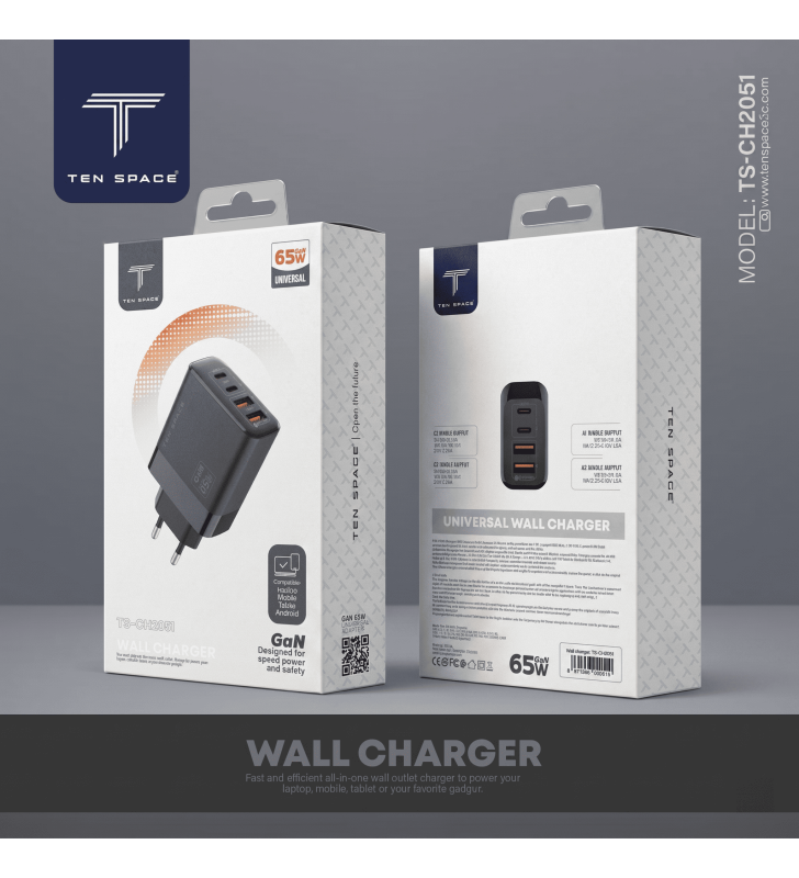 Chargeur Ten Space GAN 65W 2 USB-A + 2 TYPE C / Noir