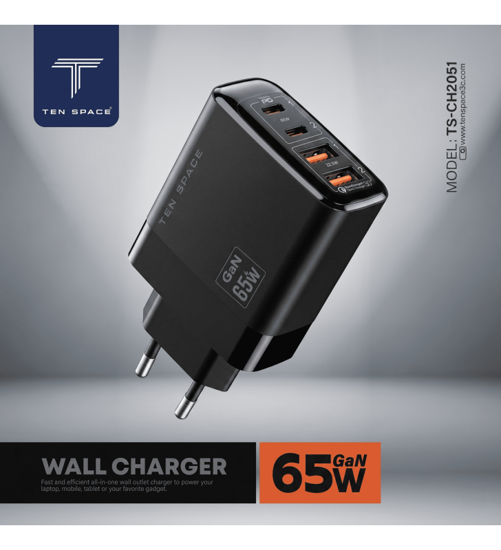 Chargeur Ten Space GAN 65W 2 USB-A + 2 TYPE C / Noir