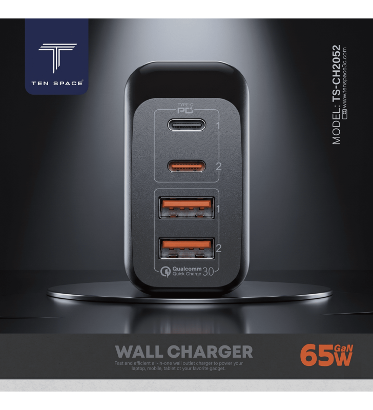 Chargeur Ten Space GAN 65W 2 USB-A + 2 TYPE C / Noir
