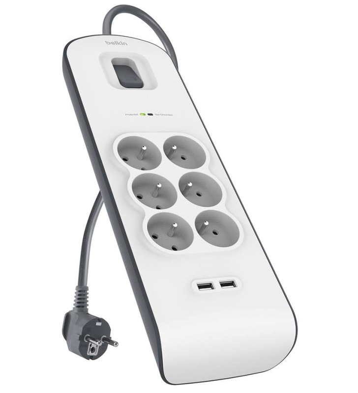 Multiprise BELKIN 6 prises avec ports USB x 2 / cordon d'alimentation 2M / Blanc
