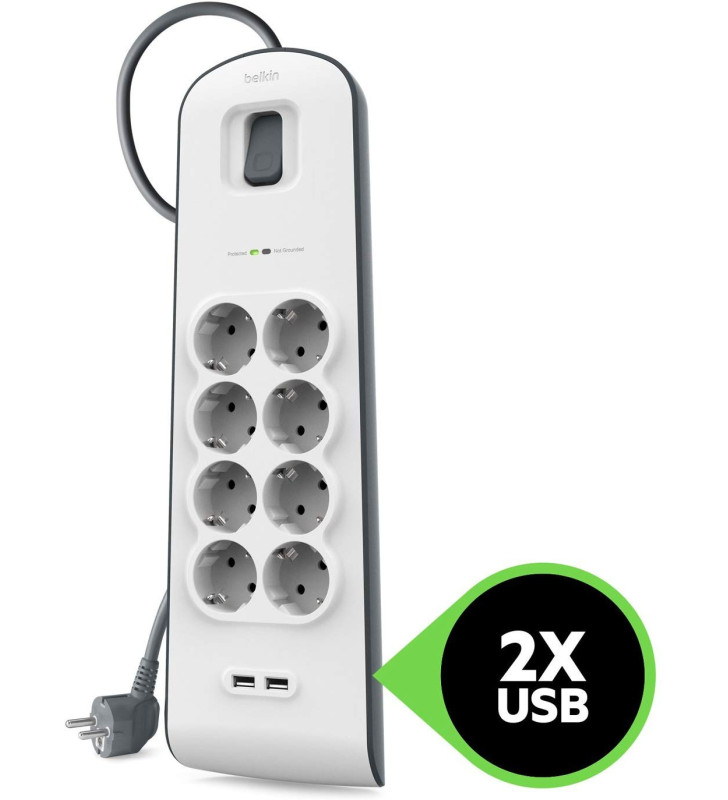 Multiprise BELKIN 6 prises avec ports USB x 2 / cordon d'alimentation 2M / Blanc