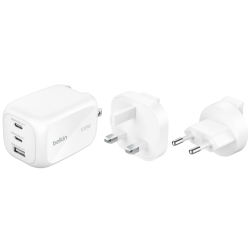 Chargeur secteur BELKIN BoostCharge Pro GaN 3 ports 100 W + kit de voyage / Blanc