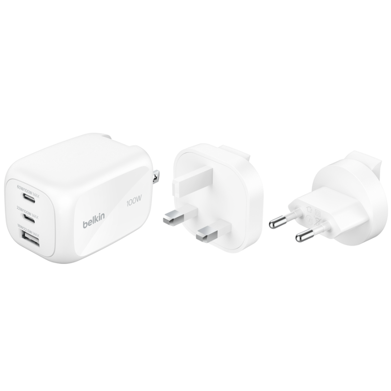 Chargeur secteur BELKIN BoostCharge Pro GaN 3 ports 100 W + kit de voyage / Blanc