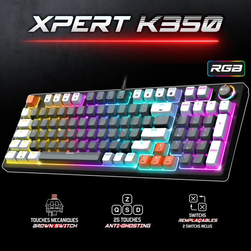 Clavier Gaming Filaire Mécanique Spirit Of Gamer XPERT K350 RGB / Brown Switch / Gris