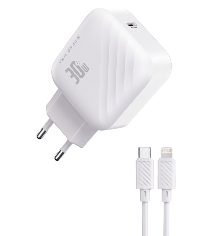 Chargeur Ten Space Type-C vers Lightning QC4 + PD30W / Blanc