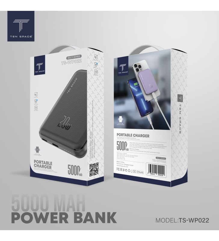 Power Bank Ten Space 5000mAh 20W / mag-wireless 15W / Noir