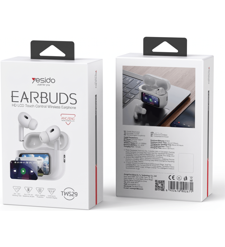 Écouteurs sans fil Yesido avec LCD Screen TWS29 ANC + ENC / Blanc