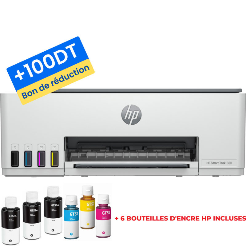 Imprimante HP 580 Smart Tank COULEUR 3EN1 / WIFI + 6 Bouteilles d'encre HP + 100 DT Bon de Réduction