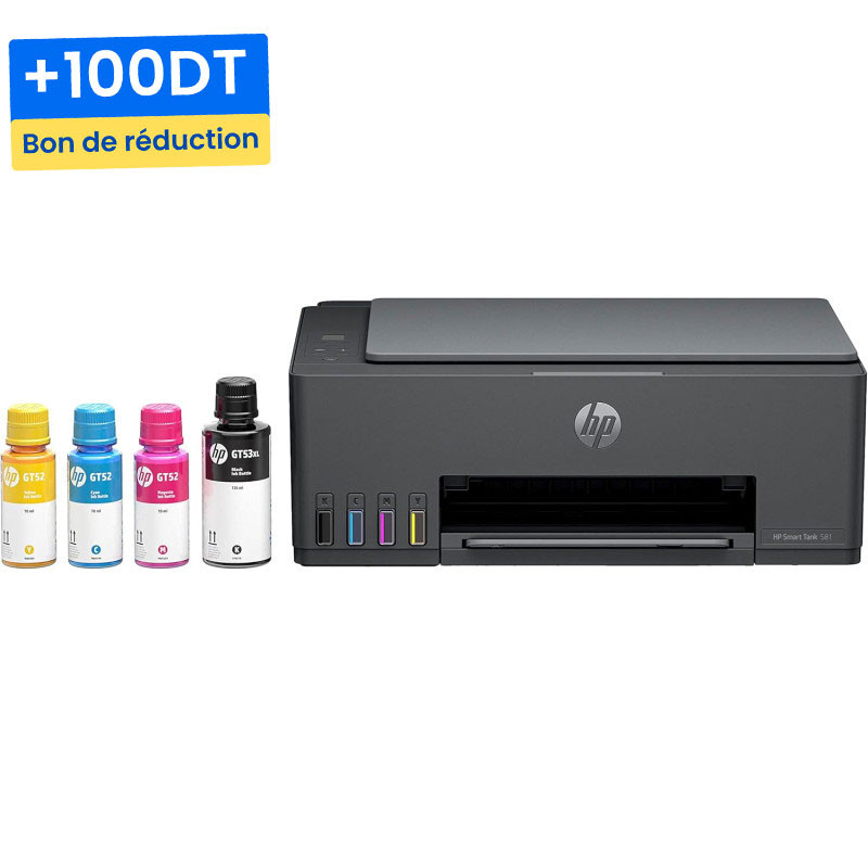 Imprimante HP 3en1 SMART TANK 581 COULEUR / WI-FI + 4 Bouteilles d'encre HP Incluses
