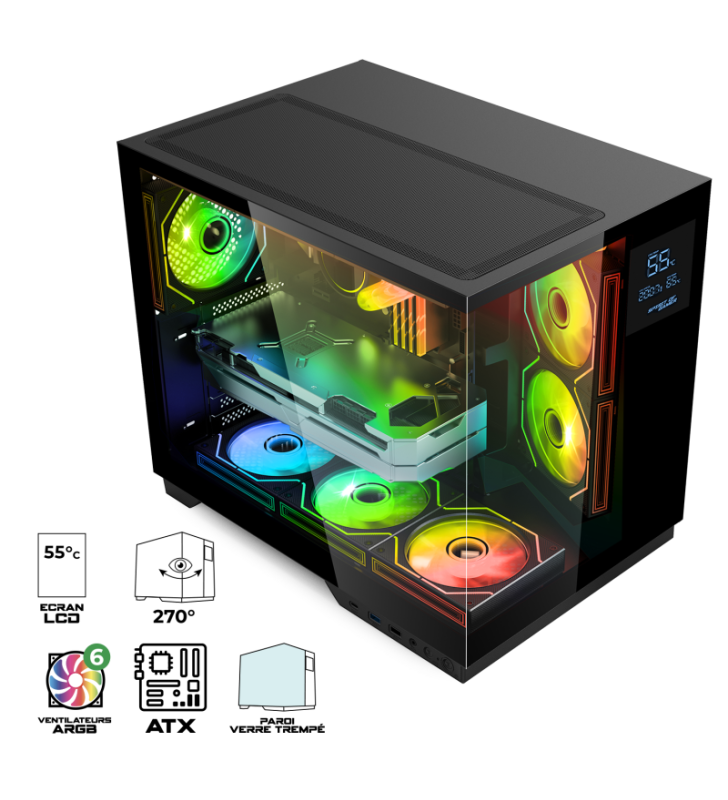 Boîtier Gamer Spirit of Gamer Viper CRX DARK / ATX LCD intégré / 6 Fan / ARGB / Noir