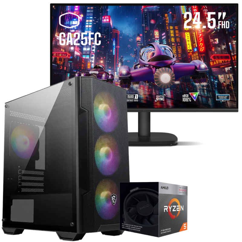 Setup Gamer Special Pc de Bureau Gaming / Ryzen 5 3400G / Vega 11 / 16 Go + Écran Gaming Cooler Master 24.5" FHD IPS / 120 Hz
