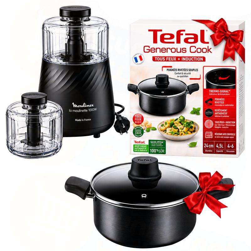 Moulinette MOULINEX 1000W avec Faitout avec Couvercle 24 cm TEFAL + Bol Gratuit Noir