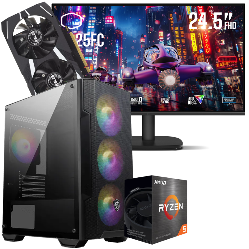 Setup Gamer Special Pc de Bureau Gaming / Ryzen 5 5500 / RTX 3050 6G / 16 Go Avec Écran Gaming Cooler Master 24.5" Full HD IPS / 120 Hz