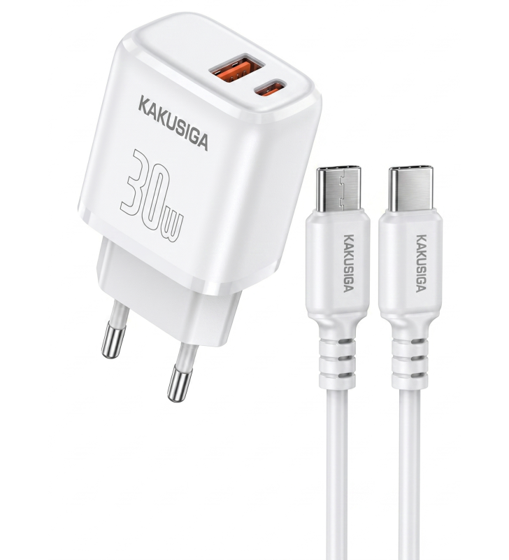 Chargeur KAKUSIGA PD 30W QC 3.0 / câble Type-C vers Type-C de 1 m / Blanc