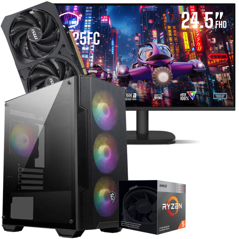 Setup Gamer Special Pc de Bureau Gaming / Ryzen 5 3600 / RTX 5050 8G / 16 Go Avec Écran Gaming Cooler Master 24.5" Full HD IPS / 120 Hz