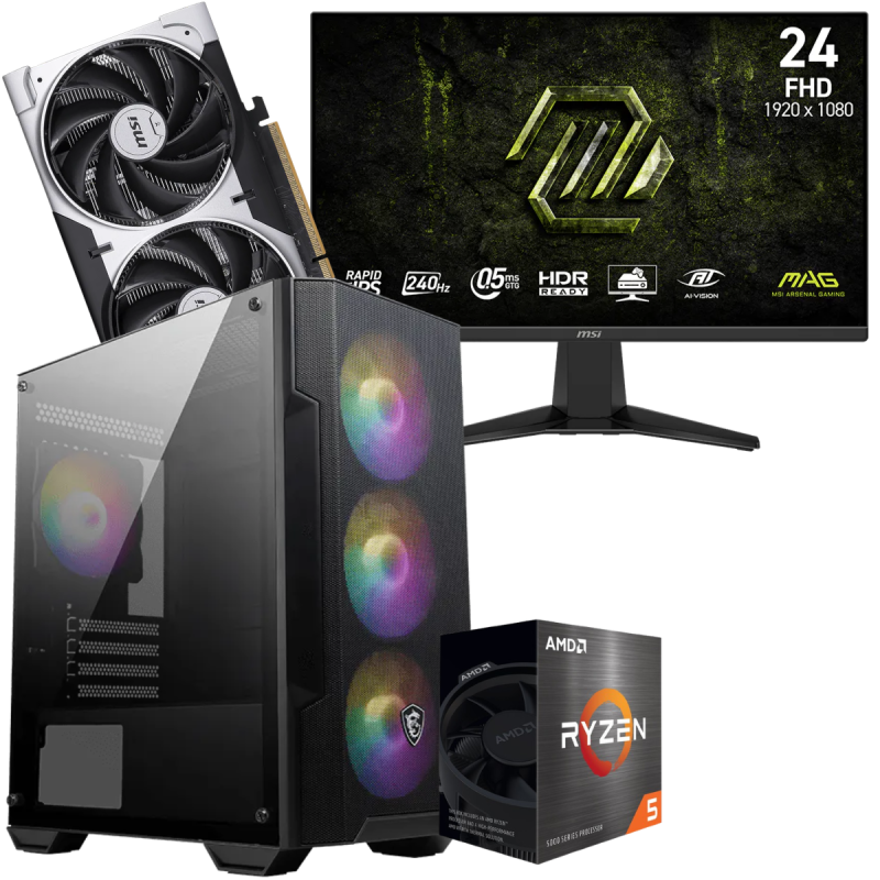 Setup Gamer Special Pc de Bureau Gaming / Ryzen 5 5600GT / RTX 5050 8G / 16 Go Avec Écran Gaming MSI MAG 24" Full HD IPS / 240 Hz