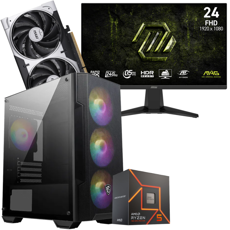 Setup Gamer Special Pc de Bureau Gaming / Ryzen 5 7600 / RTX 5050 8G / 32 Go DDR5 Avec Écran Gaming MSI MAG 24" Full HD IPS / 240 Hz