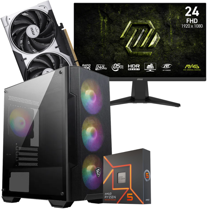 Setup Gamer Special Pc de Bureau Gaming / Ryzen 5 7600X / RTX 5050 8G / 32 Go DDR5 Avec Écran Gaming MSI MAG 24" Full HD IPS / 240 Hz