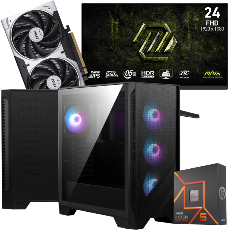 Setup Gamer Special Pc de Bureau Gaming / Ryzen 5 7600X / RTX 5050 8G / 32 Go DDR5 Avec Écran Gaming MSI MAG 24" Full HD IPS / 240 Hz