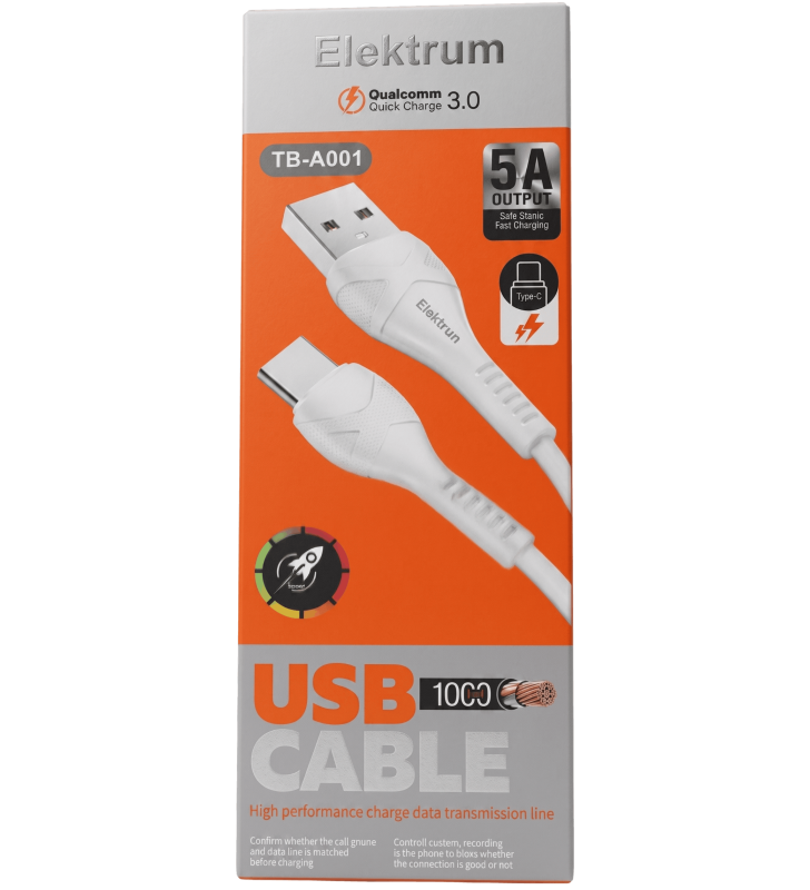 Cable Chargeur Elektrum USB-A vers TYPE-C / Blanc