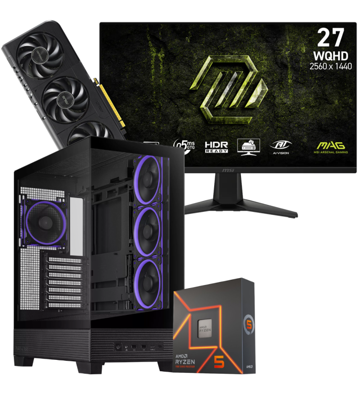 Setup Gamer Special Pc de Bureau Gaming / Ryzen 5 7600X / RTX 5050 8G / 32 Go DDR5 Avec Écran Gaming MSI 27" WQHD IPS / 200 Hz