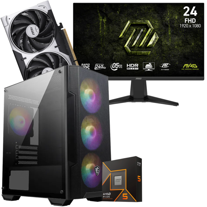 Setup Gamer Special Pc de Bureau Gaming / Ryzen 5 9600X / RTX 5050 8G / 32 Go DDR5 Avec Écran Gaming MSI MAG 24" Full HD IPS / 240 Hz