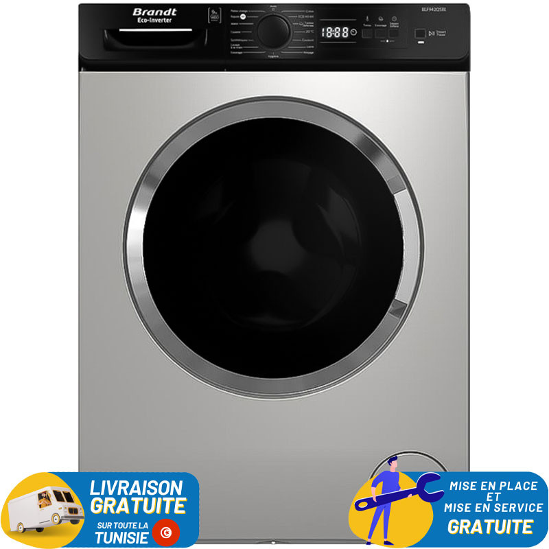 Machine à Laver Frontale BRANDT Inverter / 9 Kg / 1400Tr / Silver