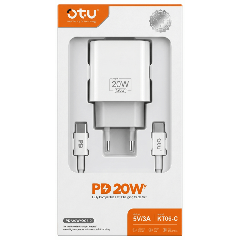 Chargeur Secteur Rapide OTU KT06-I Avec câble Lightning / Type-C / 20 W / Blanc