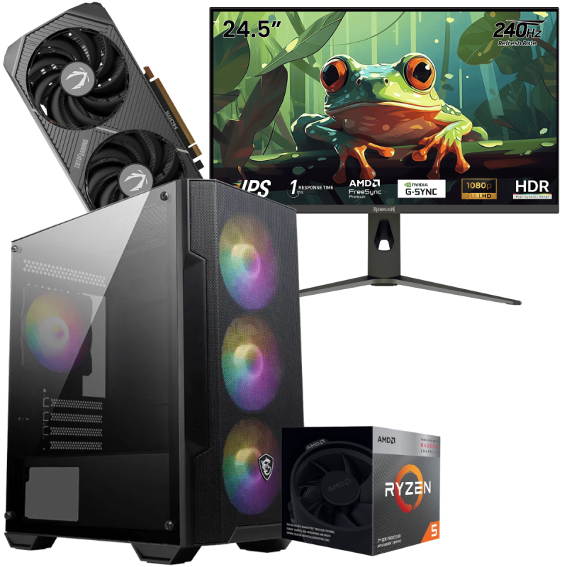 Setup Gamer Special Pc de Bureau Gaming / Ryzen 5 3400G / RTX 5060 8G / 16 Go Avec Écran Gaming Redragon 24.5" Full HD IPS / 240 Hz