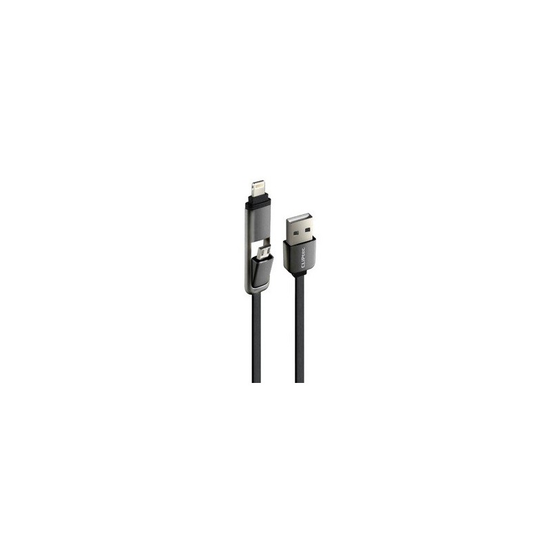 Câble plat CLiPtec DUAL MODE 2 en 1 USB vers Micro-USB/Lightning / Noir
