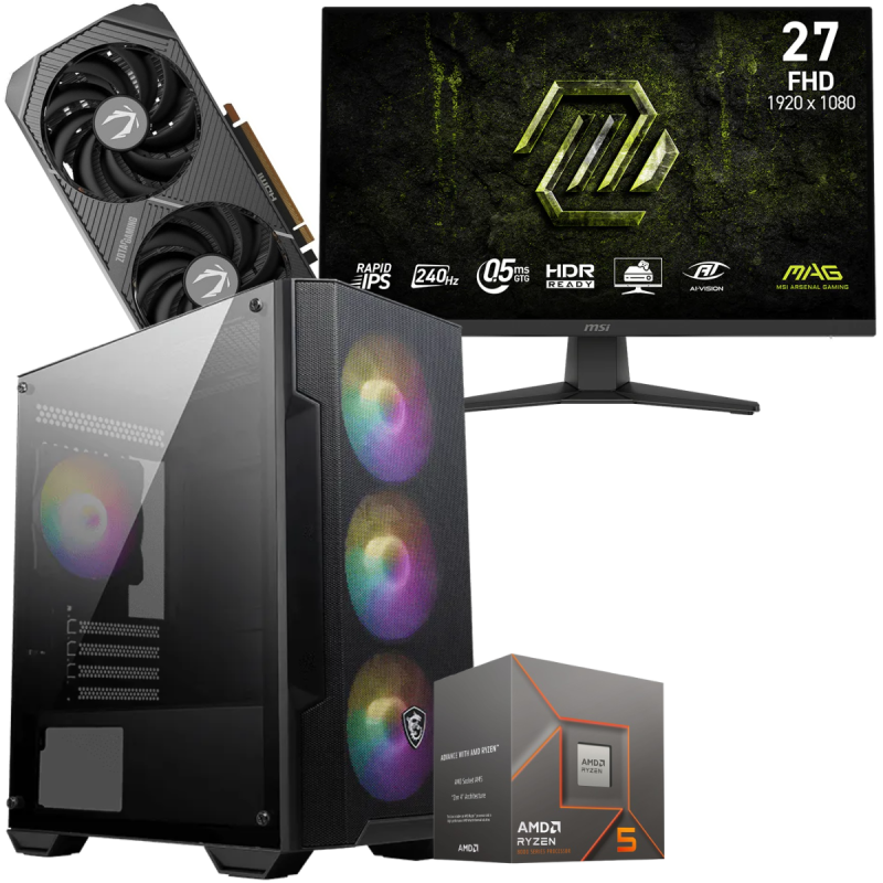 Setup Gamer Special Pc de Bureau Gaming / Ryzen 5 8400F / RTX 5060 8G / 32 Go DDR5 Avec Écran Gaming MSI MAG 27" Full HD IPS / 240 Hz