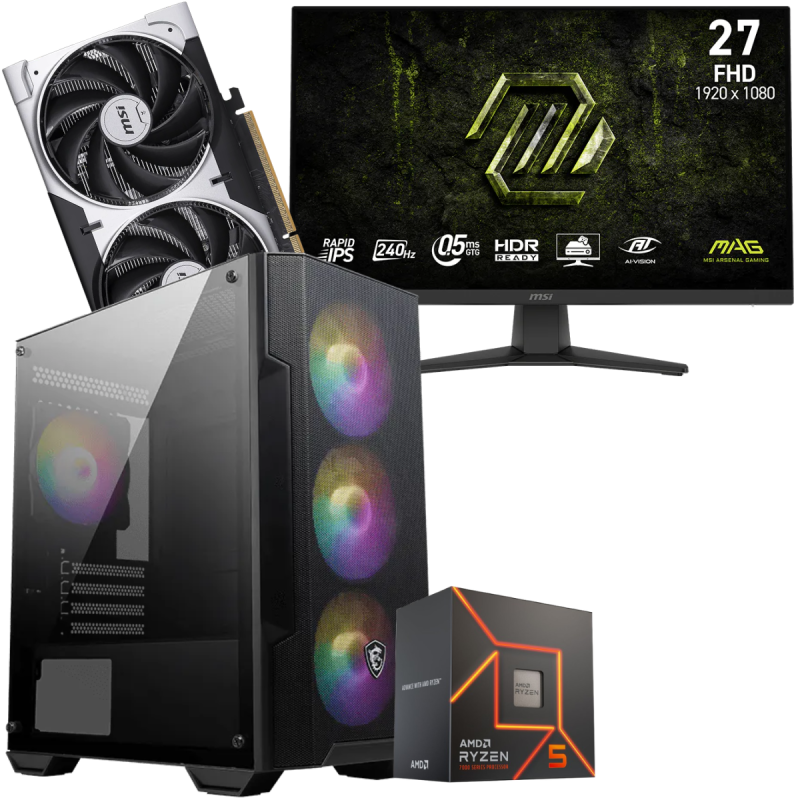 Setup Gamer Special Pc de Bureau Gaming / Ryzen 5 7600 / RTX 5060 8G / 32 Go DDR5 Avec Écran Gaming MSI MAG 27" Full HD IPS / 240 Hz