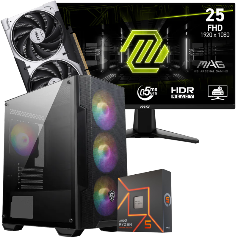 Setup Gamer Special Pc de Bureau Gaming / Ryzen 5 7600X / RTX 5060 8G / 16 Go DDR5 Avec Écran MSI 24" Full HD IPS / 240 Hz
