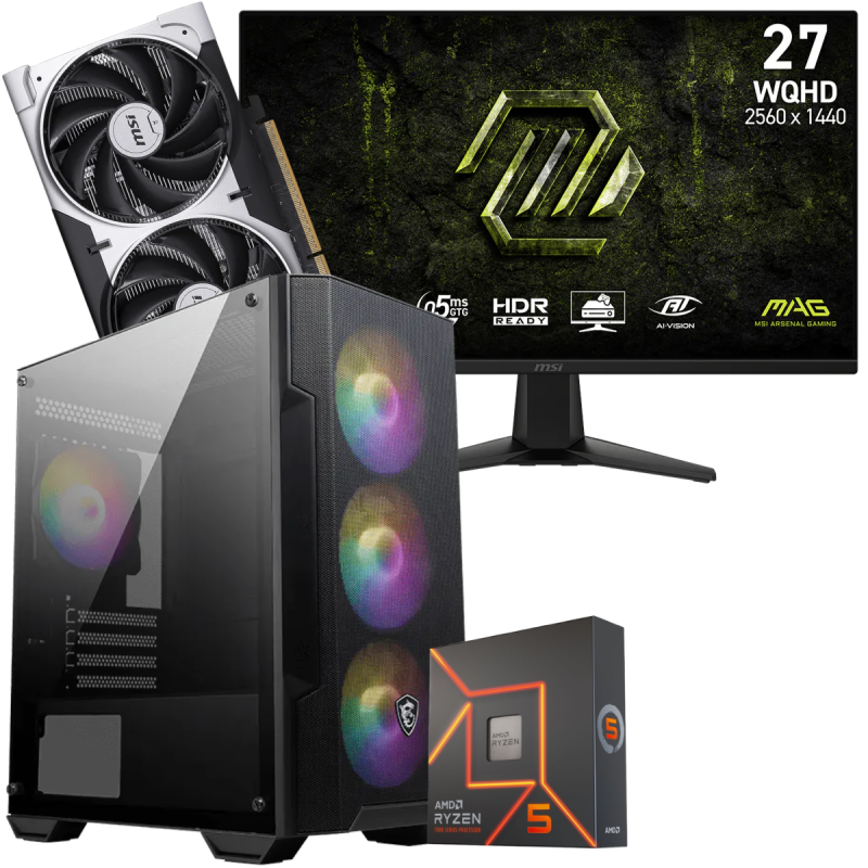 Setup Gamer Special Pc de Bureau Gaming / Ryzen 5 7600X / RTX 5060 8G / 32 Go DDR5 Avec Écran MSI MAG 27" WQHD IPS / 200 Hz