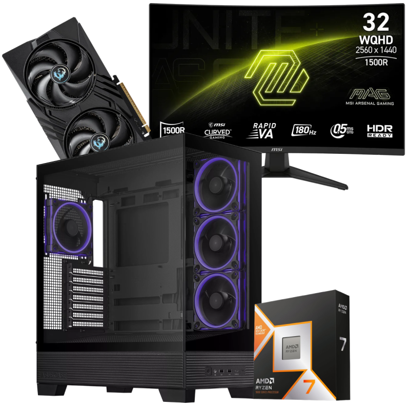 Setup Gamer Special Pc de Bureau Gaming / Ryzen 7 9800X3D / RTX 5060 8G / 64 Go DDR5 Avec Écran Gaming CURVED MSI 32" WQHD VA / 180 Hz