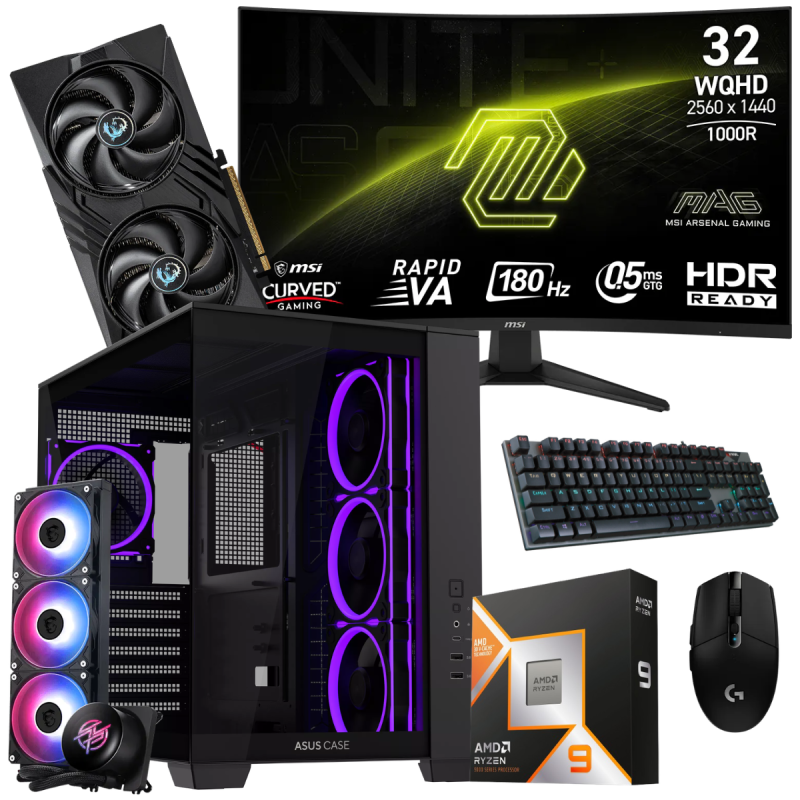 Setup Gamer Special Pc de Bureau Gaming / Ryzen 9 9900X3D / RTX 5060 8G / 64 Go Avec Écran Gaming CURVED MSI 31.5" WQHD 2K VA 180 Hz