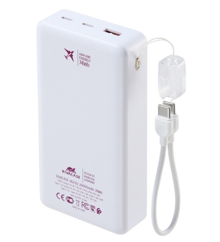 Power Bank RIVAVASE VA2321 / 20000 mAh / 22.5 W / Blanc