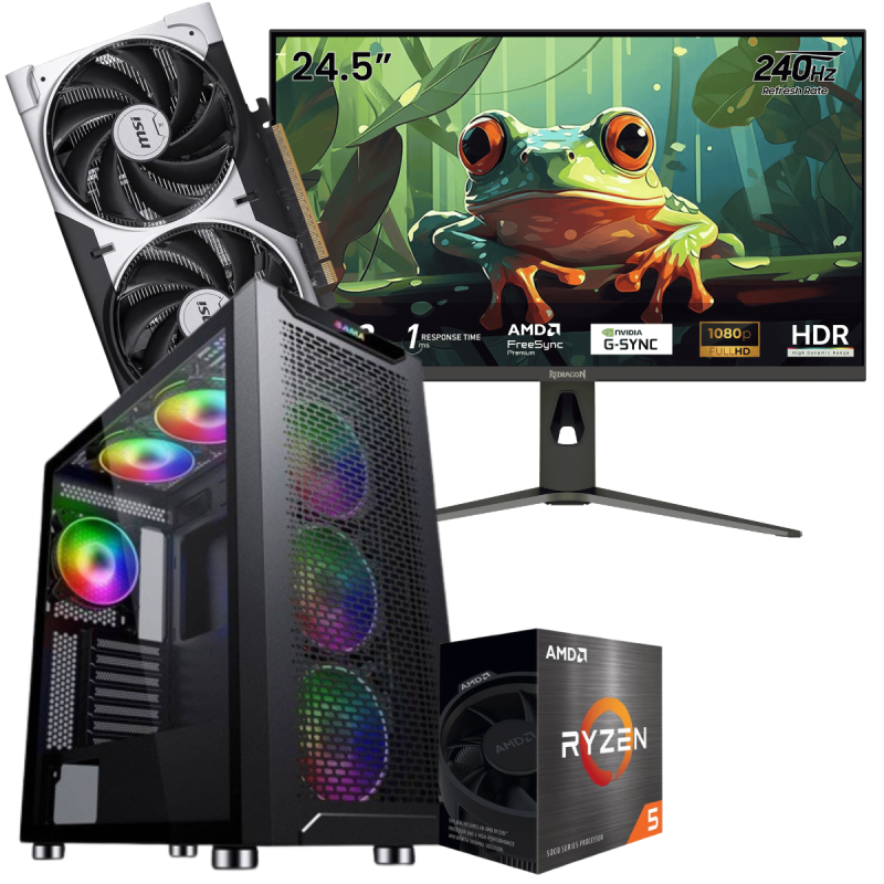 Setup Gamer Special Pc de Bureau Gaming / Ryzen 5 5500 / RTX 5050 8G / 16 Go Avec Écran Gaming Redragon HANMON 24.5" Full HD IPS / 240 Hz