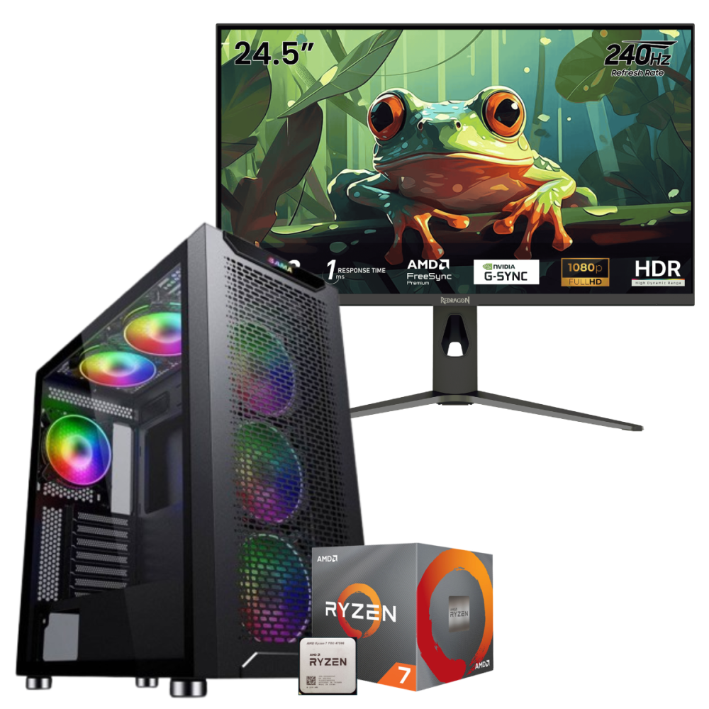 Setup Gamer Special Pc de Bureau Gaming / Ryzen 7 PRO 4750GE / Vega 8 / 16 Go Avec Écran Gaming Redragon HANMON 24.5" Full HD IPS / 240 Hz