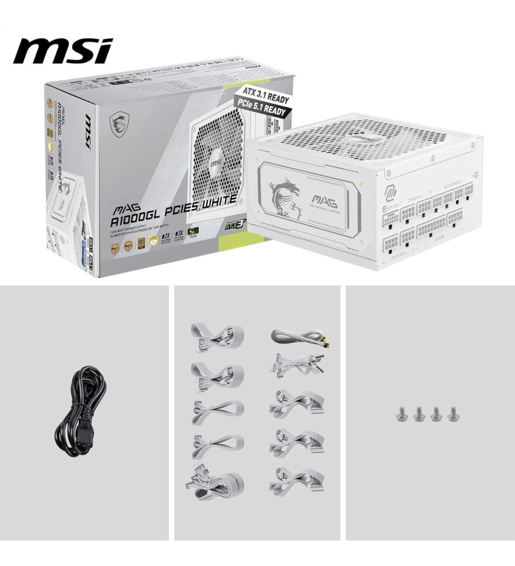 Boîte d'alimentation MSI MAG A1000GL PCIE5 / 1000 Watts / Modulaire / 80 PLUS Gold / White