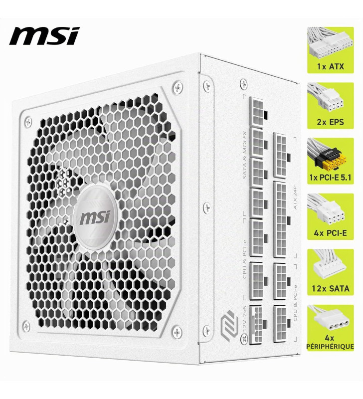 Boîte d'alimentation MSI MAG A1000GL PCIE5 / 1000 Watts / Modulaire / 80 PLUS Gold / White